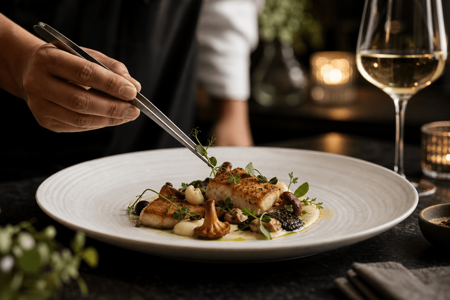 Chef finishing an elevated plated dinner