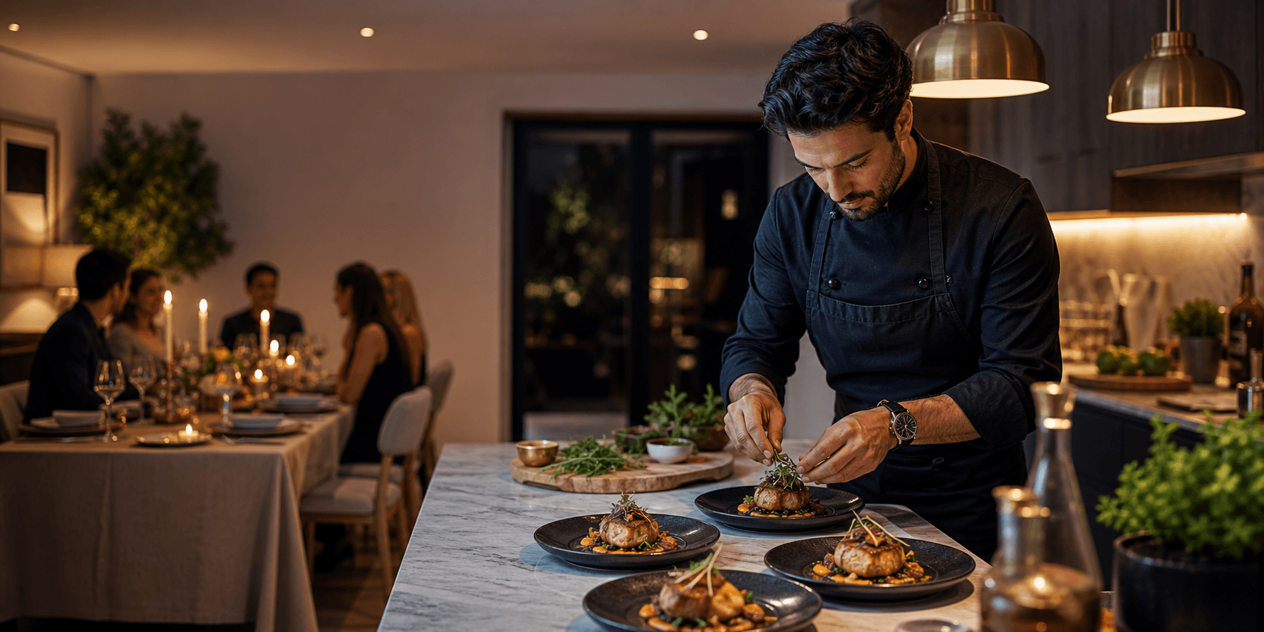 Private chef plating dinner for a candlelit celebration