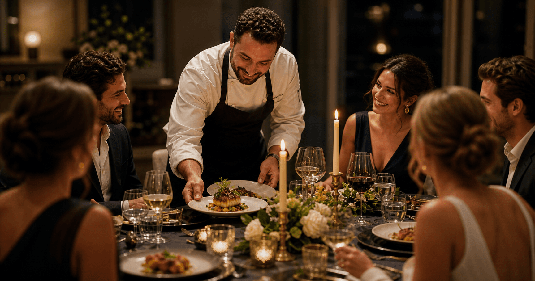 Private chef serving guests at a candlelit celebration
